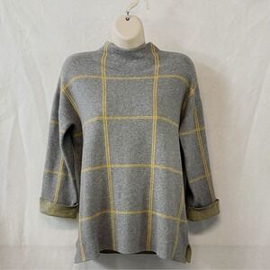 Tahari Gray Yellow Windowpane Plaid Mock Neck Sweater Top Back Zip Size M‎